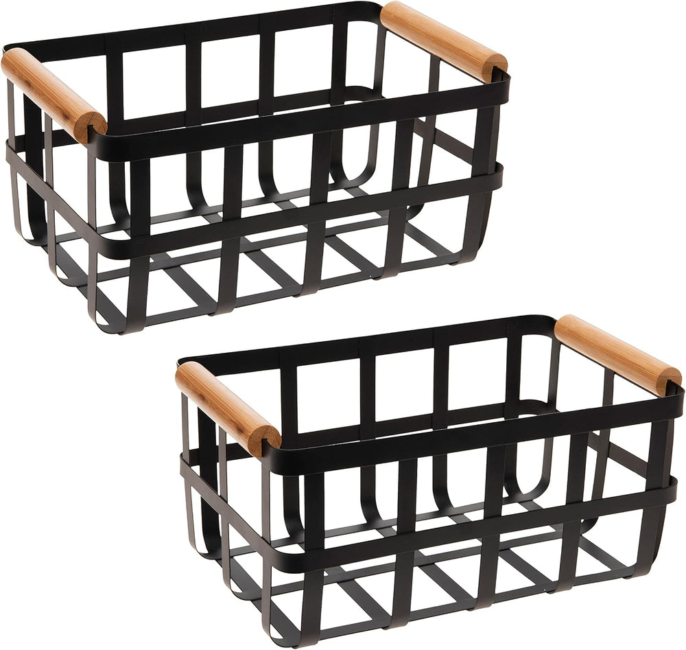 Simplify 2 Pack Rectangular Metal Storage Basket with Bamboo Handles | Large ...