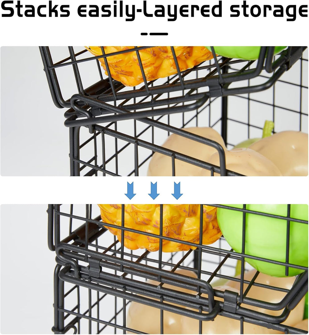 3-Tier Stackable Wire Baskets, Fruit and Vegetable Storage for Counter