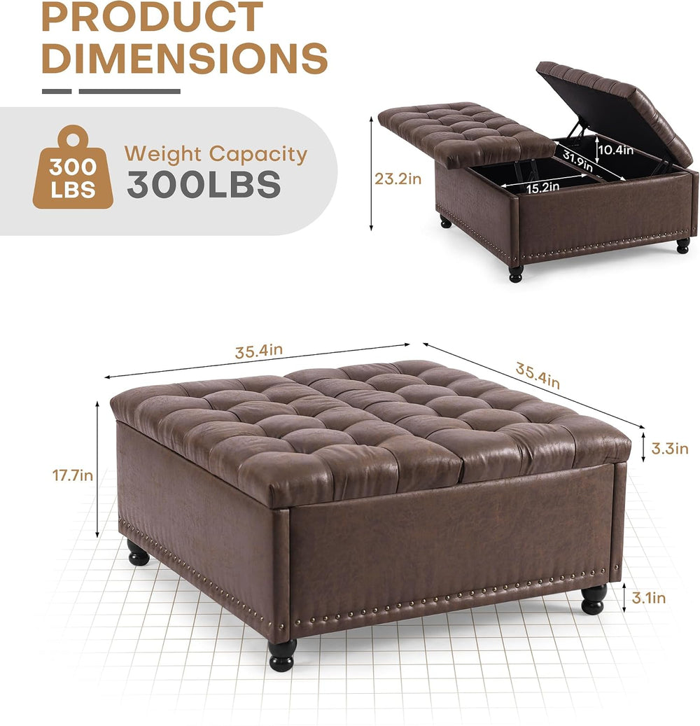 Redlife 35 Inch Large Square Storage Ottoman, Coffee Table Ottoman, Faux