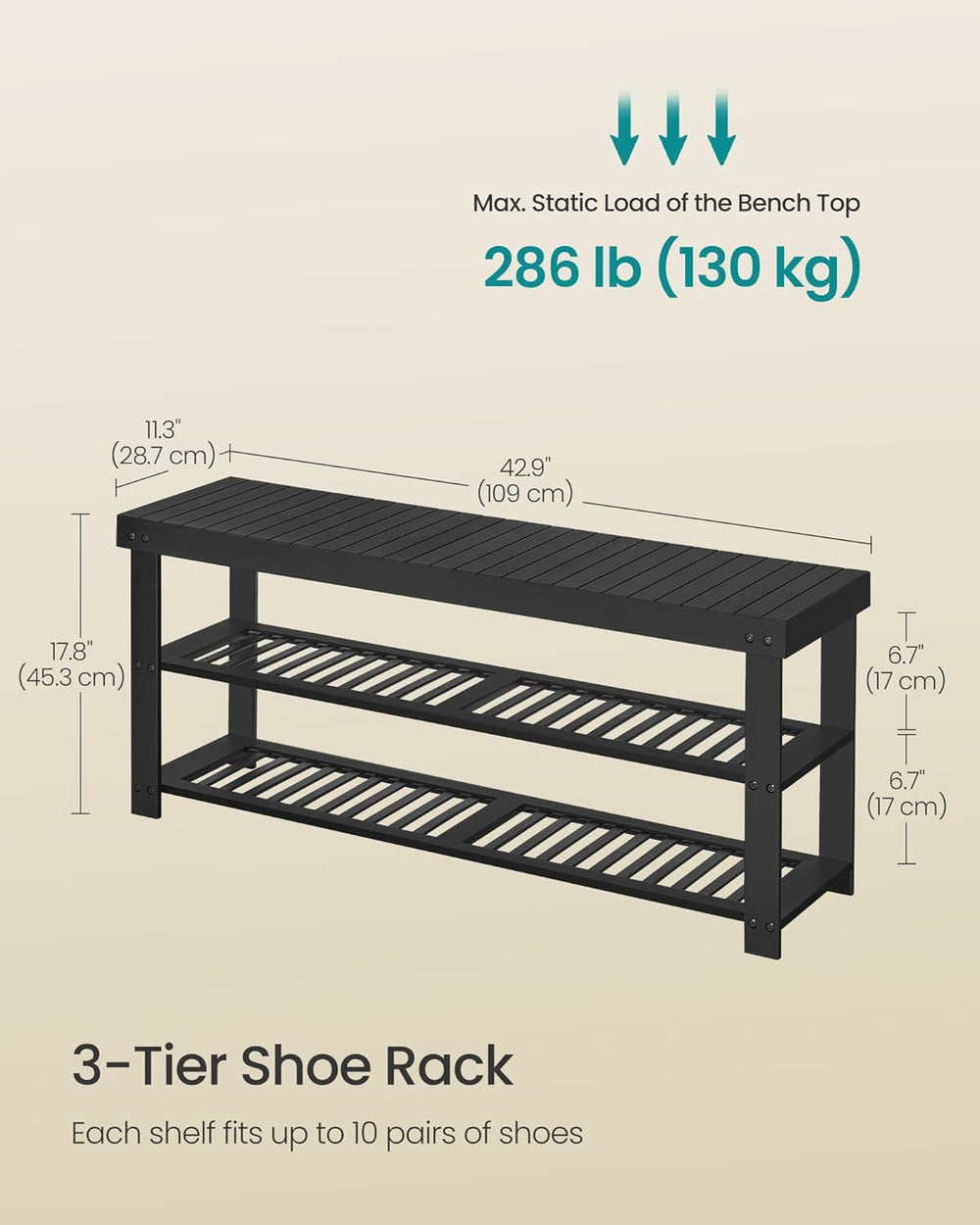 SONGMICS Shoe Rack Bench, 3-Tier Bamboo Entryway Bench, 42.9 Inches Width