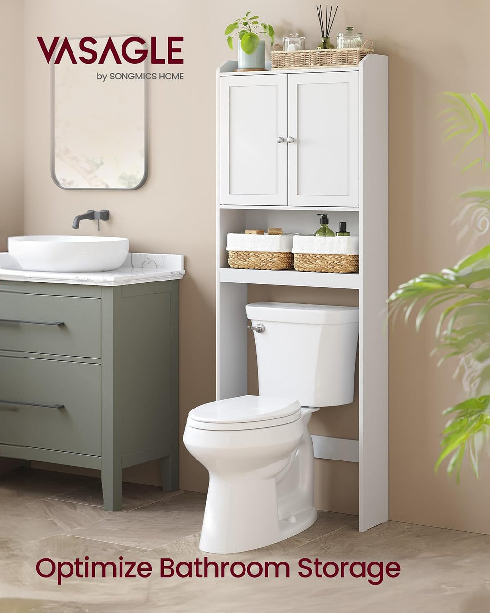 VASAGLE Over the Toilet Storage Cabinet, Doors, Adjustable Shelves, 24.6'...