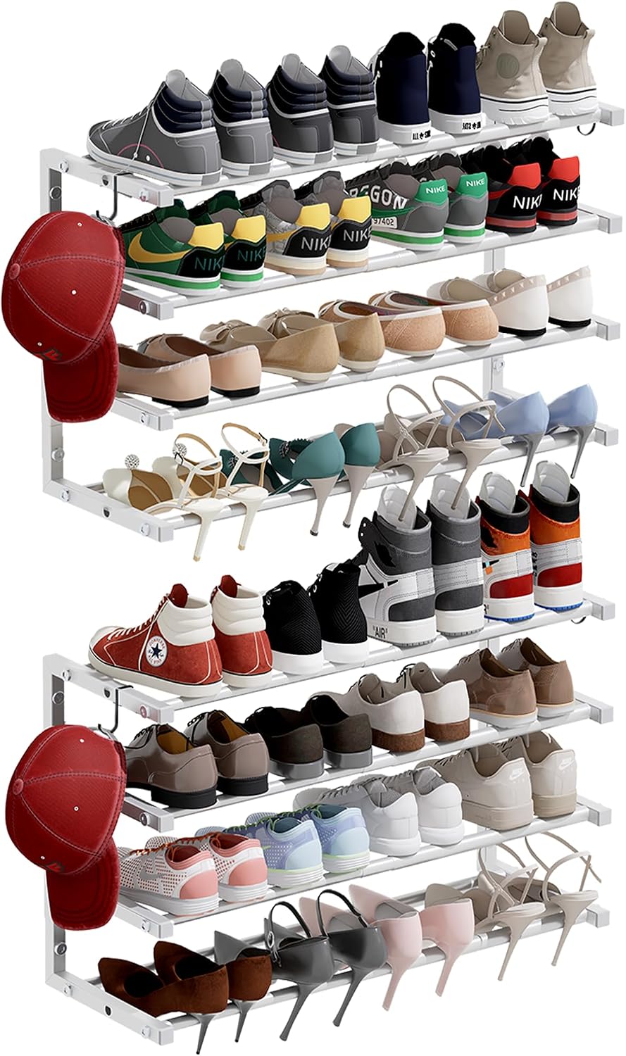 2 Pack Wall Mounted Shoe Rack, 4 Tier Hanging Shoe Rack Holds 32 Pairs, 17&qu...