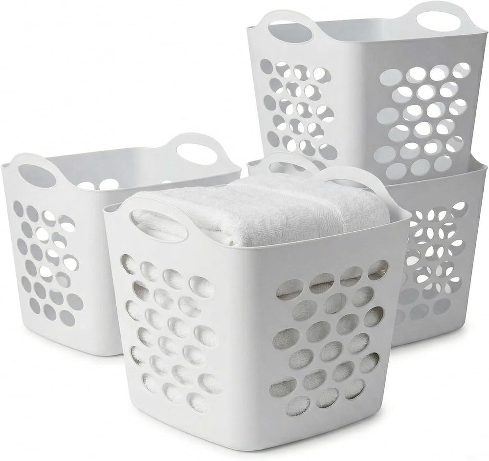 4-Pack Flexible Square Laundry Basket with Built-in Handles, White Plastic Cl...