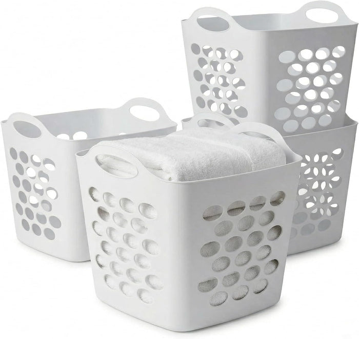 4-Pack Flexible Square Laundry Basket with Built-in Handles, White Plastic Clothes Hamper for Organization, Ventilated Dot Design, 0.7 Bushel Capacity, 15.3 x 14.07 Inches