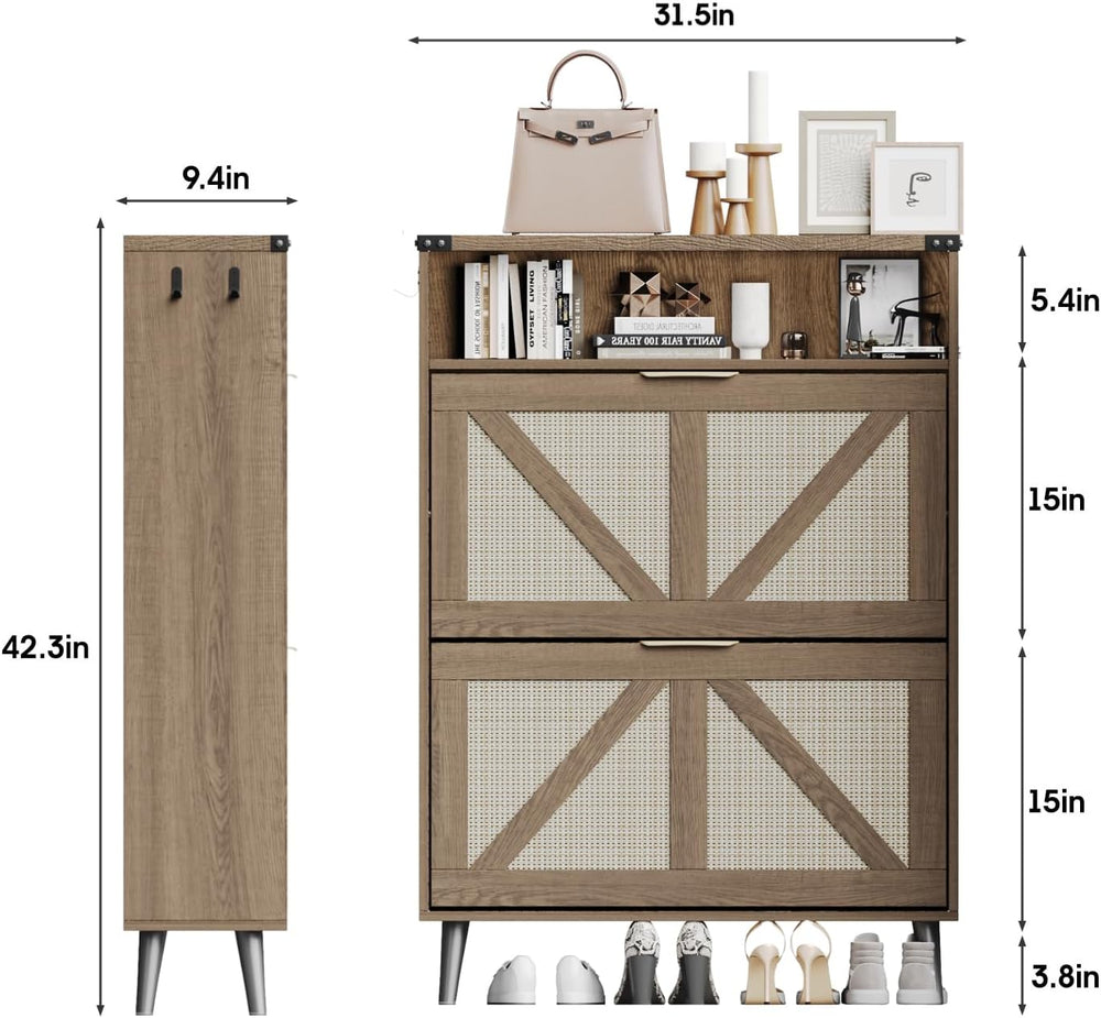 Halitaa Shoe Cabinet with 2 Flip Drawers & Open Storage,Farmhouse Shoe St...