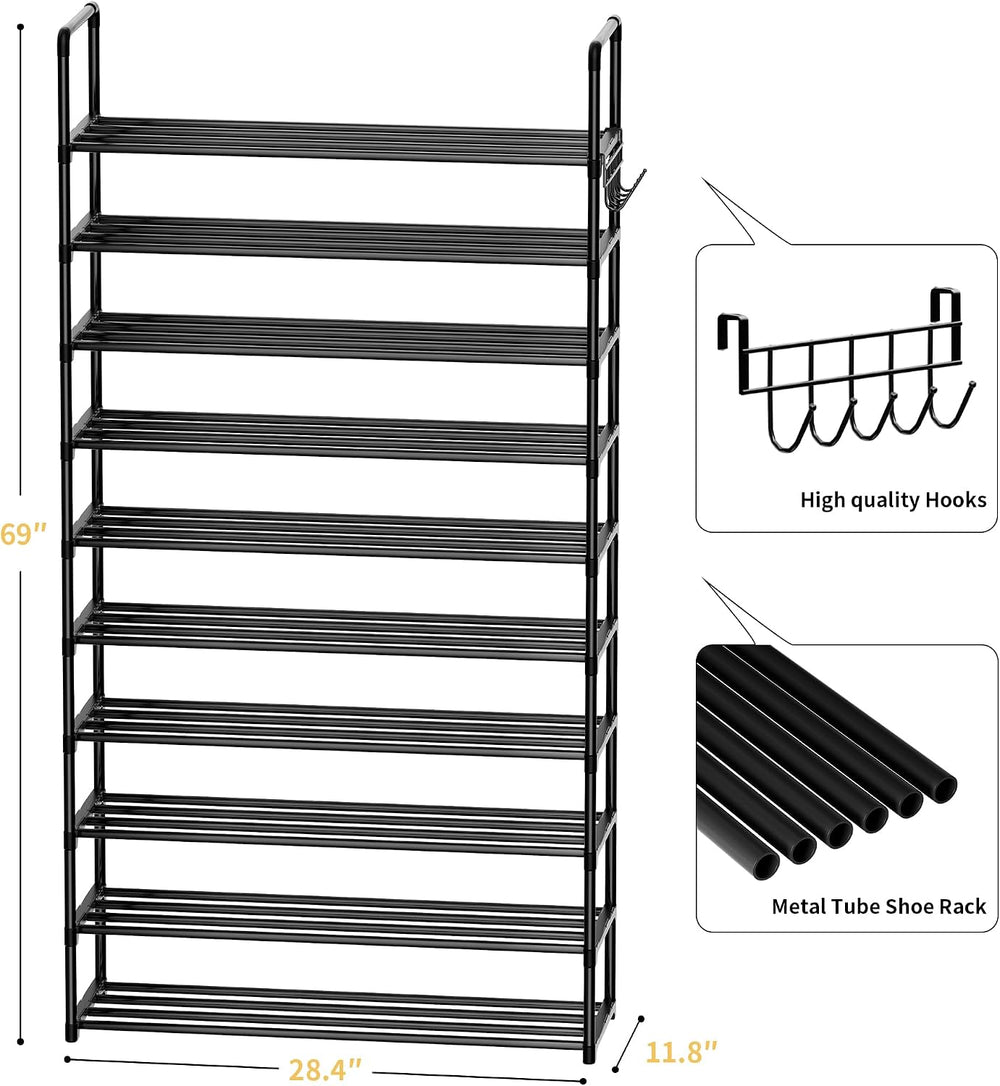 Shoe Rack, 10 Tier Shoe Storage Organizer with Hooks,Fit 40-45 Pairs Shoes,Me...