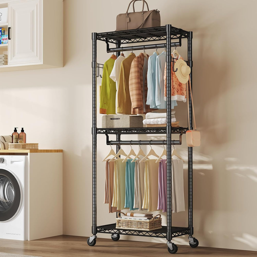 NEWBULIG Heavy Duty Clothing Rack with Wheels, 3-Tier Adjustable Wire Garment...