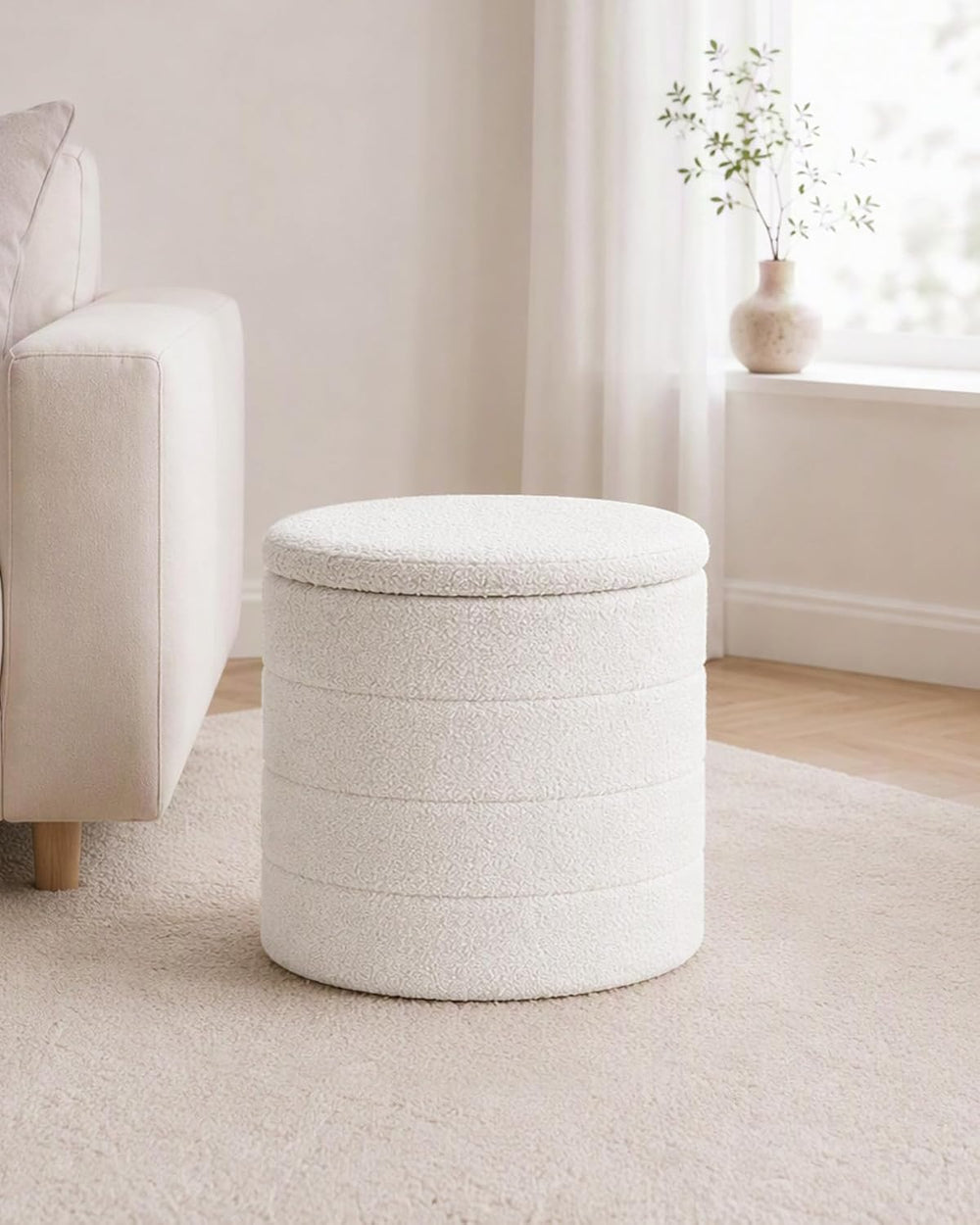 B FSOBEIIALEO Folding Storage Ottoman, Round Sherpa Ottomans, Cream White