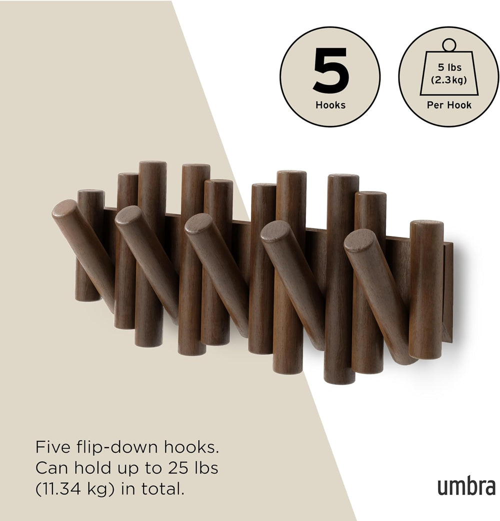 Umbra Picket Coat Rack, Wall Mount 5 Flip-Down Coat Hooks, Walnut