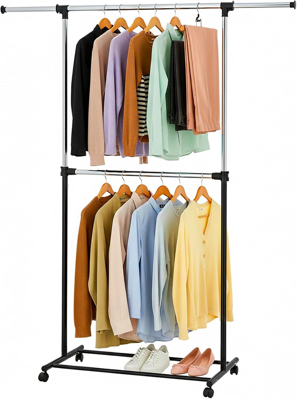 Displays By Jack Double Rail Clothes Rack, Adjustable Rolling Garment Rack on...