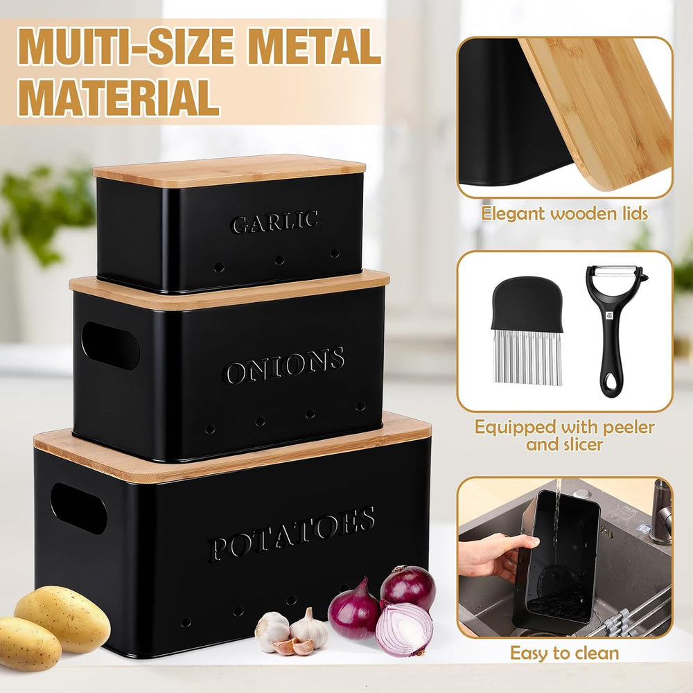Honeydak 3 Pcs Metal Potato Onion Garlic Storage Bins Set Black