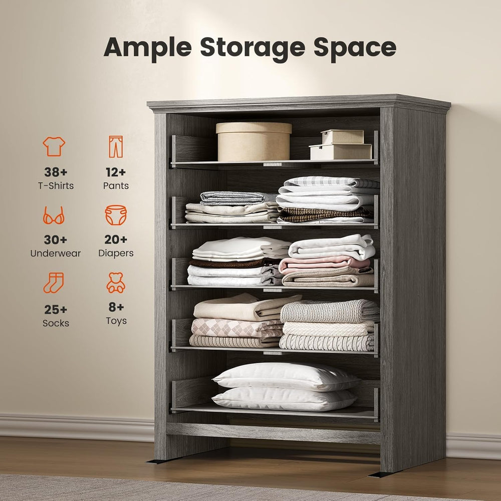 Pipishell 5 Drawers Dresser, 42.7 Inch Tall Wood Chest of Drawers, Gray
