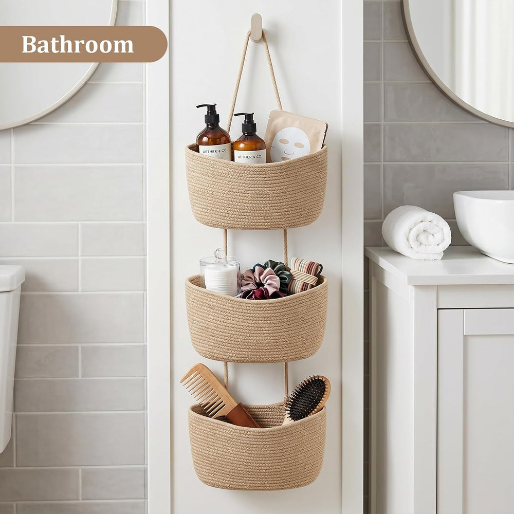 Over the Door Hanging Storage Basket 3 Tier Wall Organizer Jute Color