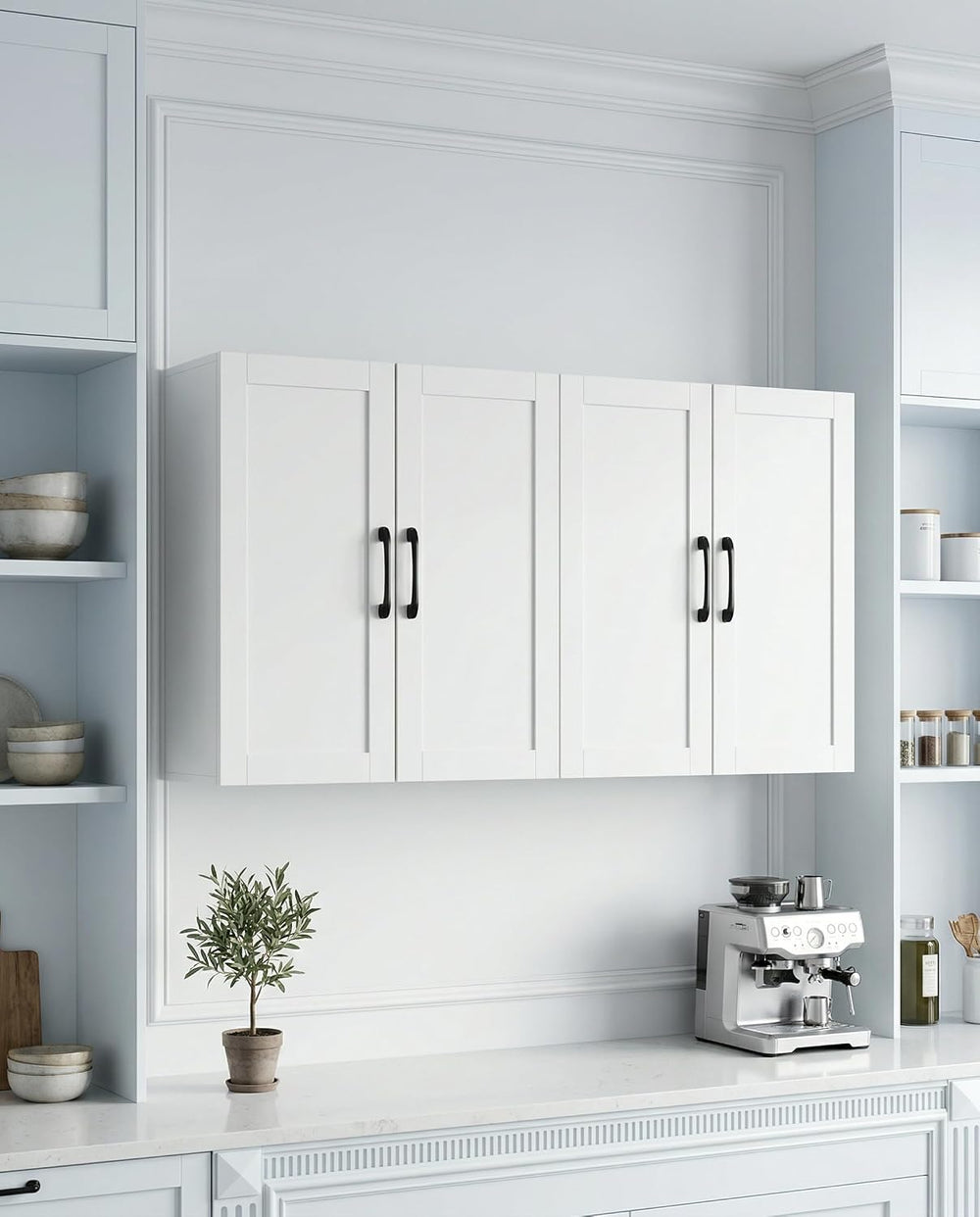 Wall Mounted Cabinet, Laundry Cabinet, 4 Doors, Adjustable Shelves, White