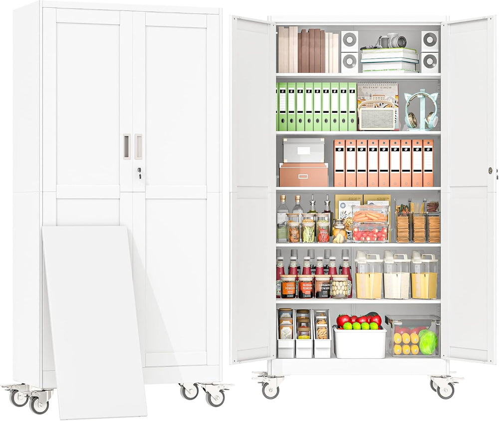 79" H Metal Pantry Storage Locker Cabinet with Wheels,Rolling Kitchen Pa...