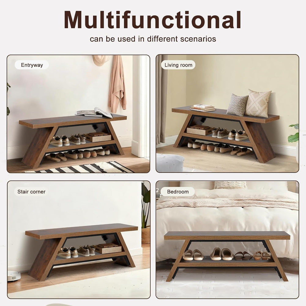 2-Tier Shoe Storage Bench, 47" Solid Wood Entryway Stool Storage