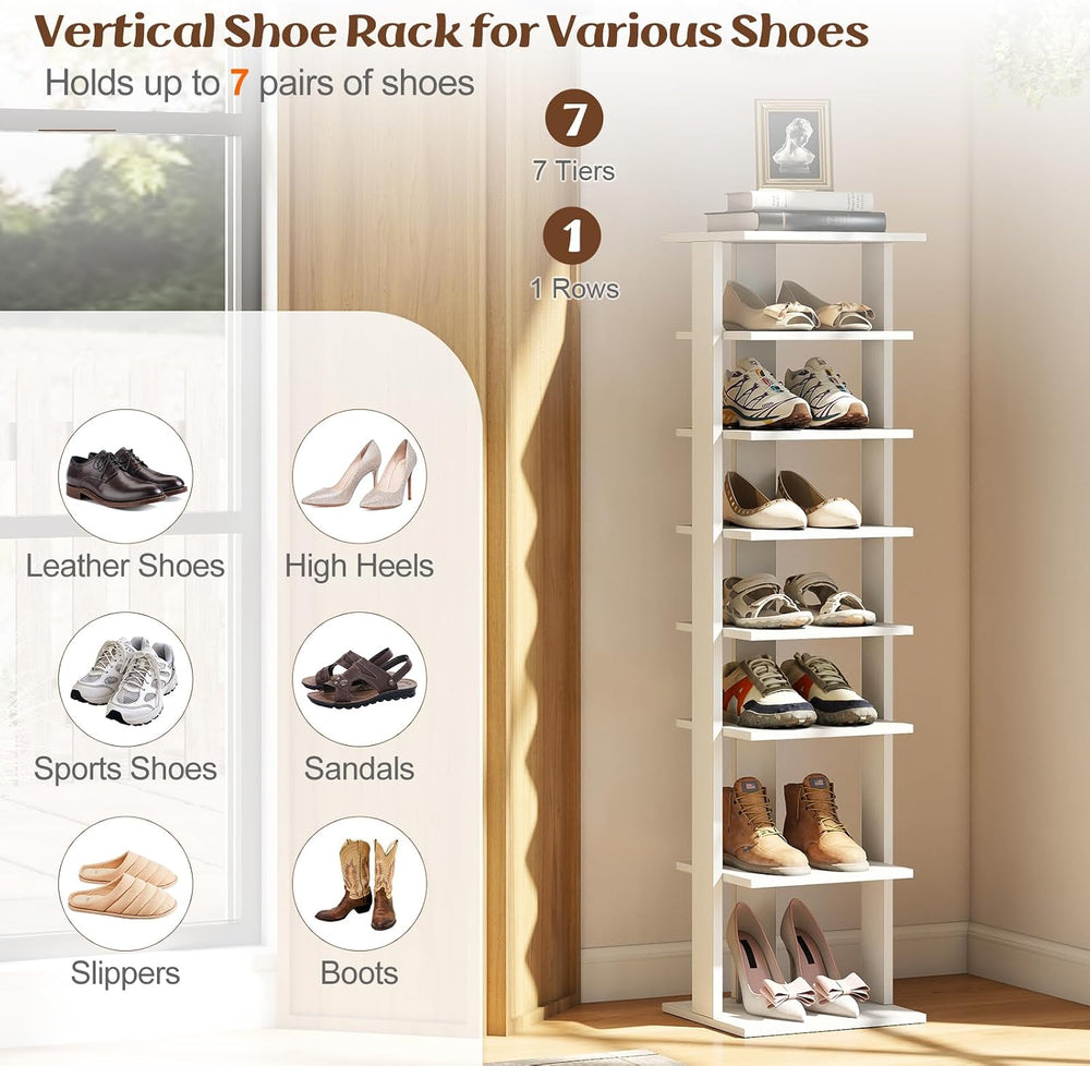 8-Tier Vertical Shoe Rack, Narrow Shoe Storage Organizer, White
