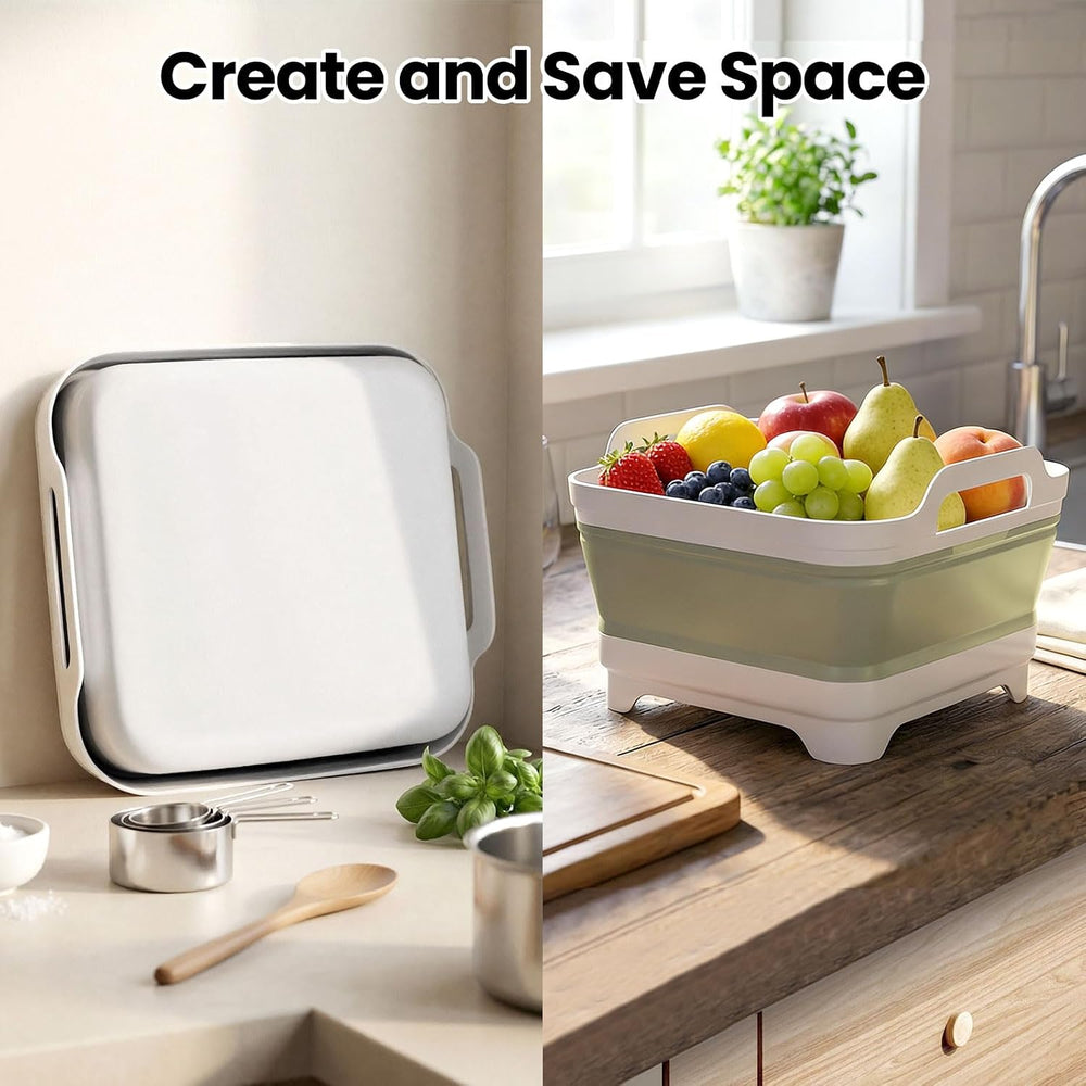 Collapsible Wash Basin with Drain Plug & Lid, Foldable Sink, Green