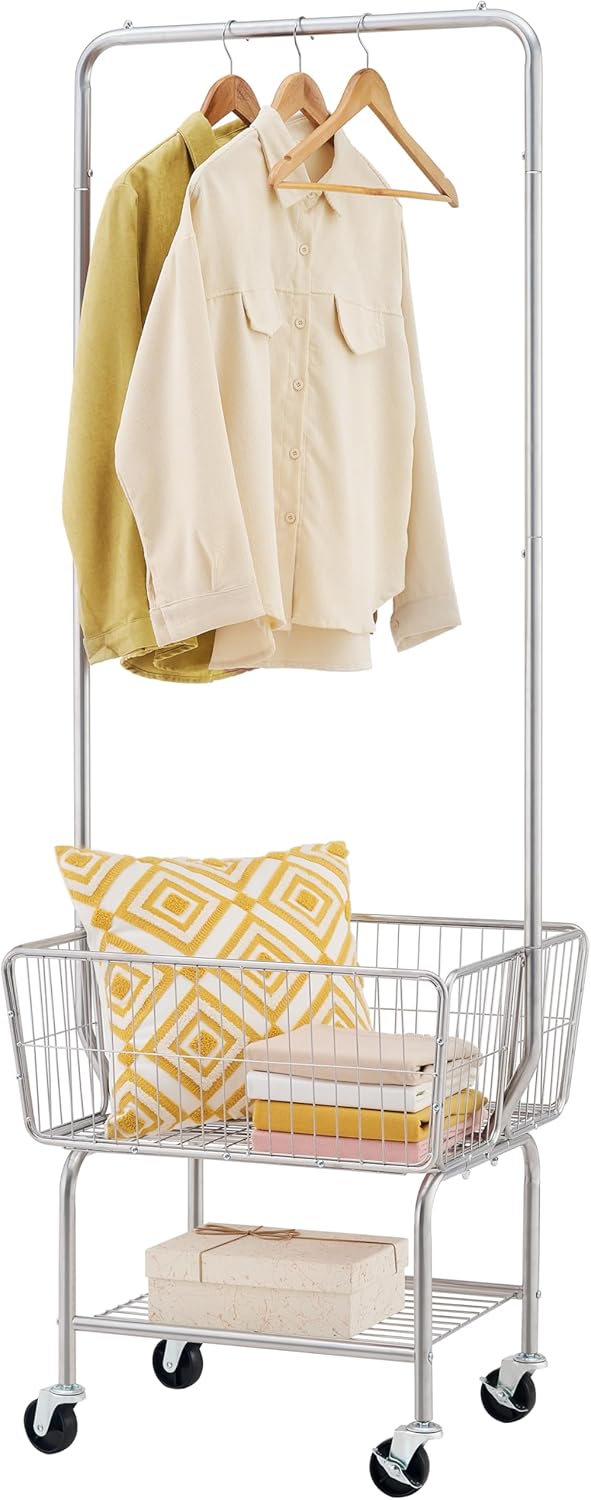 Tajsoon Rolling Laundry Cart with Hanging Rack & Laundry Basket, Silver