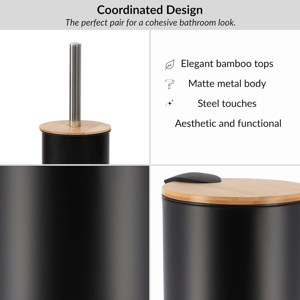 Bathroom Set w/Bamboo Lid, Metal Trash Can & Toilet Brush, 2.5L Bin, Black