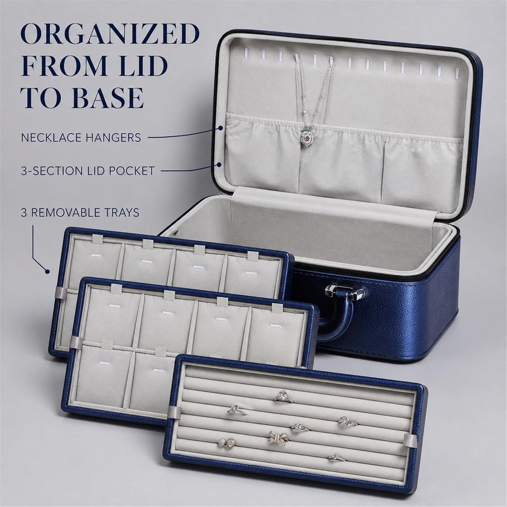 Oirlv Blue Leather Jewelry Box Handmade Travel Jewelry Organizer Storage Case...