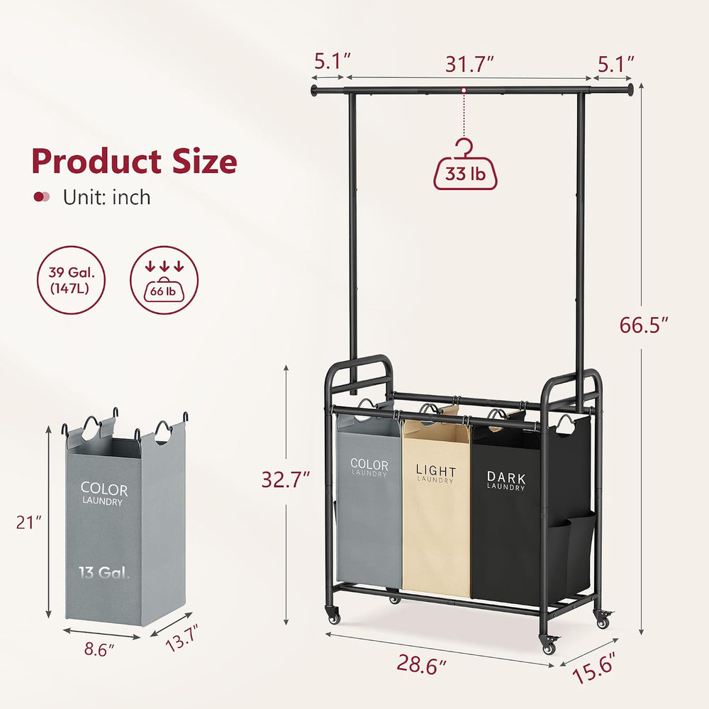 Tajsoon Laundry Sorter Cart with Hanging Clothes Rack, 3 Section, 3 Colors