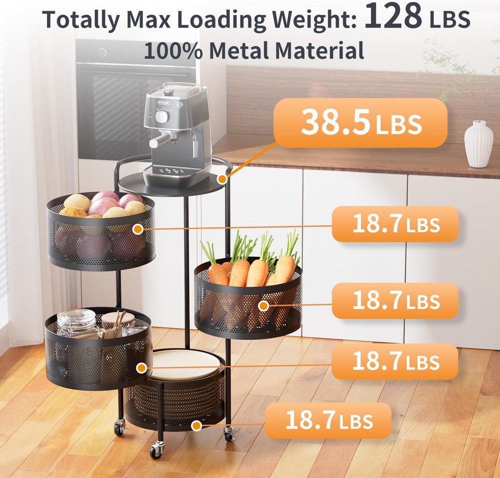 JAQ No Assembly Rotating Kitchen Storage Rack, 4-Tier Metal Basket Organizer ...
