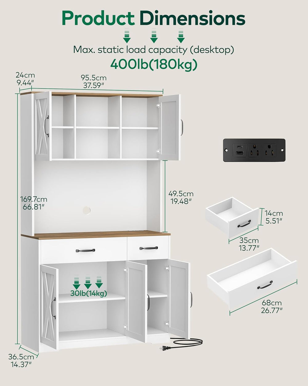 67" Tall Pantry Cabinet with Charging Station, Farmhouse Kitchen Storage...
