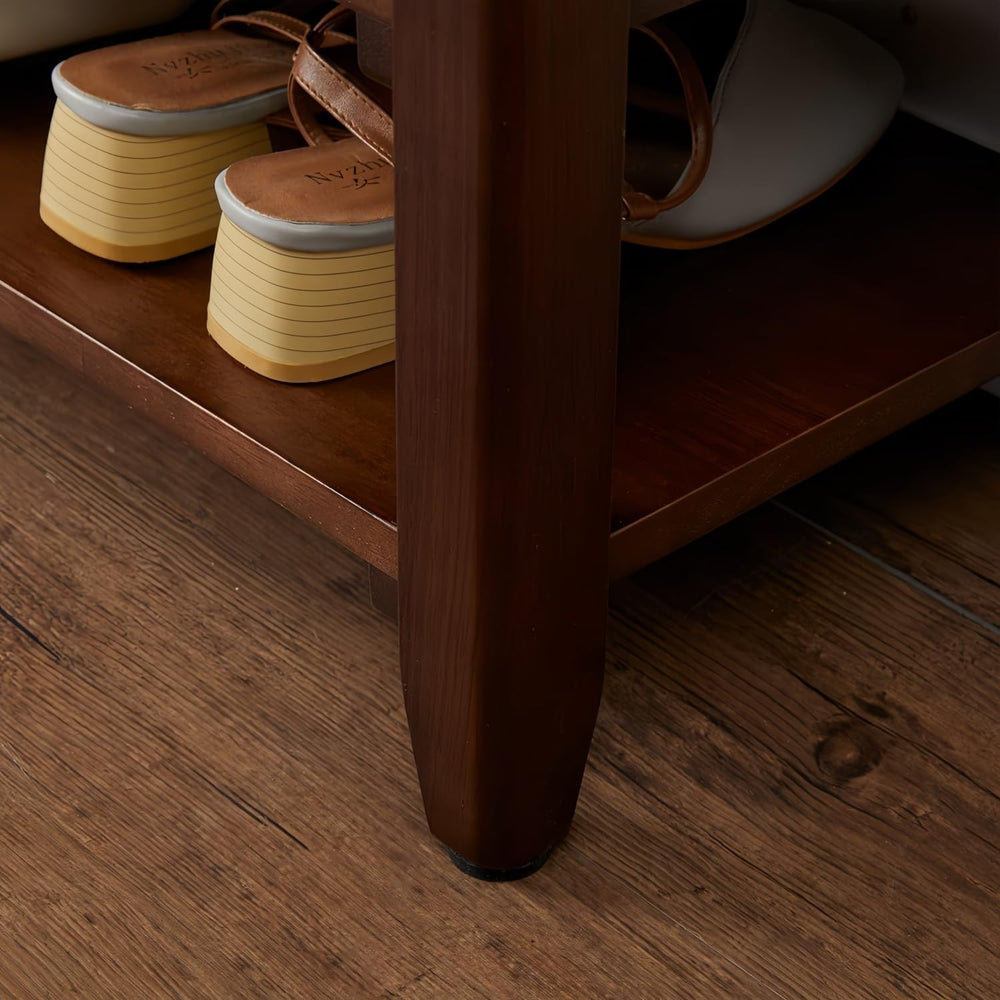 Wooden Shoe Storage Bench with Leather Cushion, Dark Brown, 39.4"