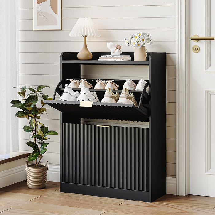 Black Fluted Slim Shoe Cabinet Storage with 2 Flip Drawers for Entryway