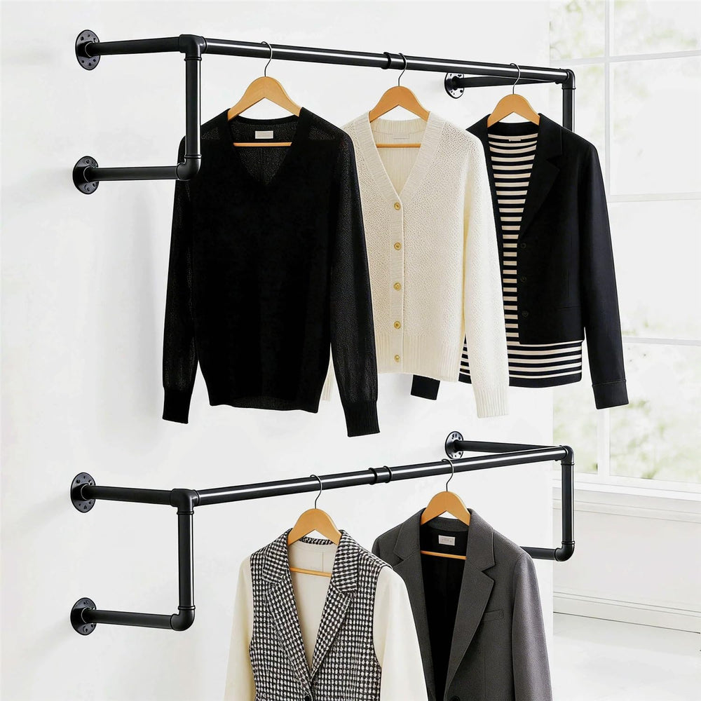 Industrial Pipe Clothing Rack,Heavy Duty Wall Mounted Black Iron Garment Bar,...