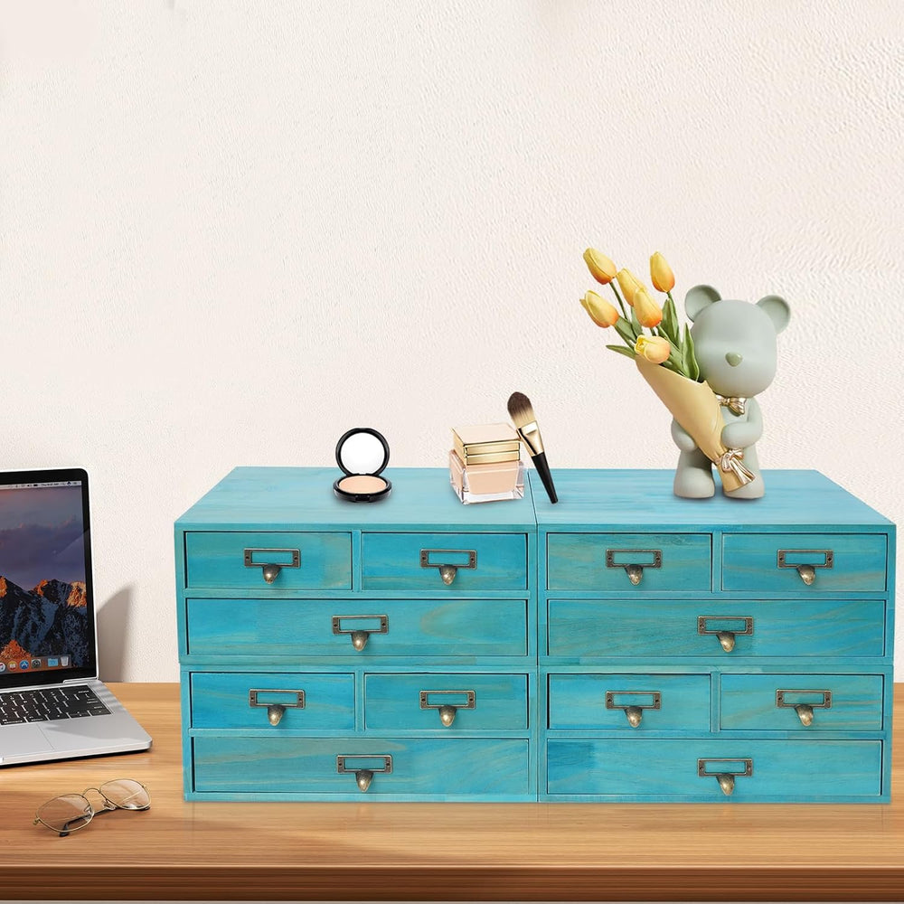 4 Pcs Vintage Desktop Organizer Set, Wooden 12 Drawer Storage Cabinets with M...