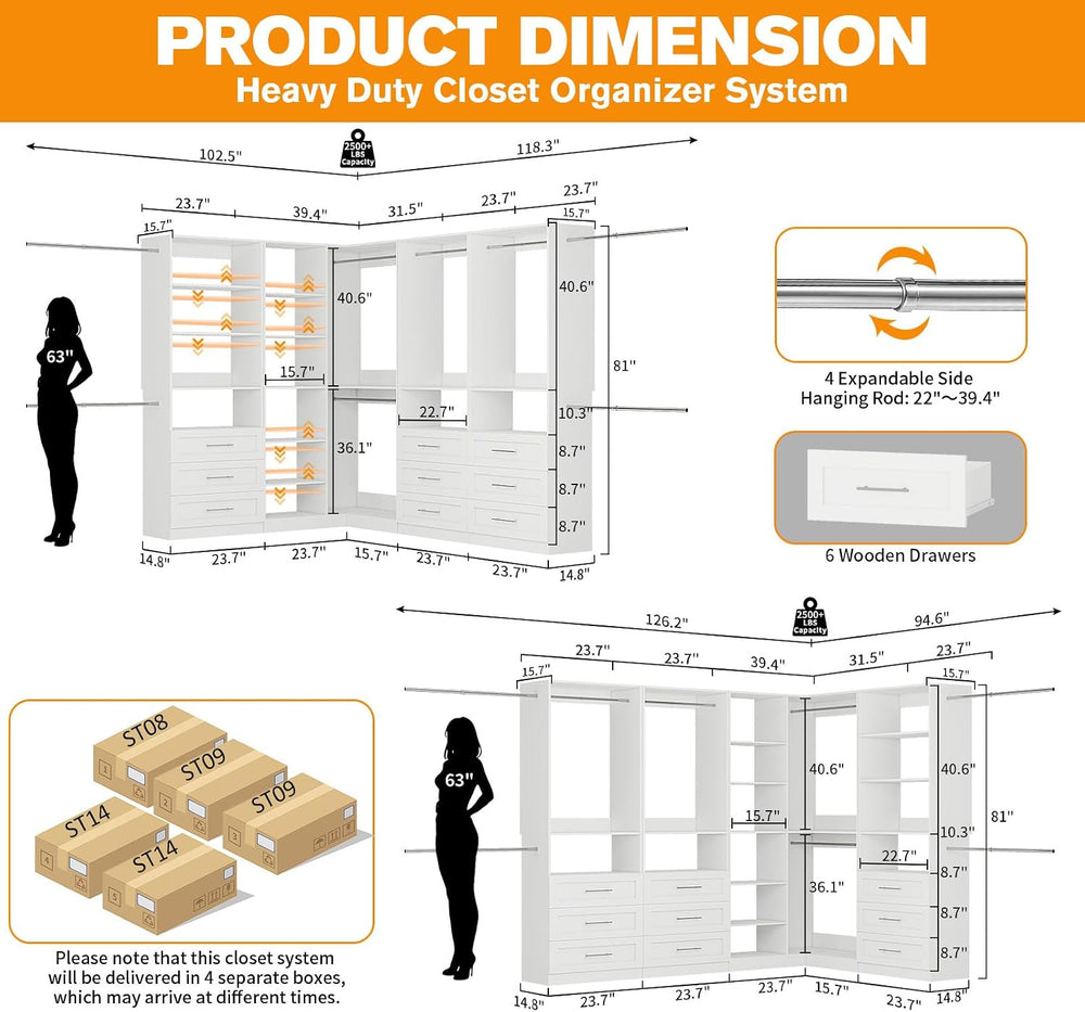 Closet System with 4 Sets, 8.5FT-21.5FT Corner Closet Organizer System with 9...