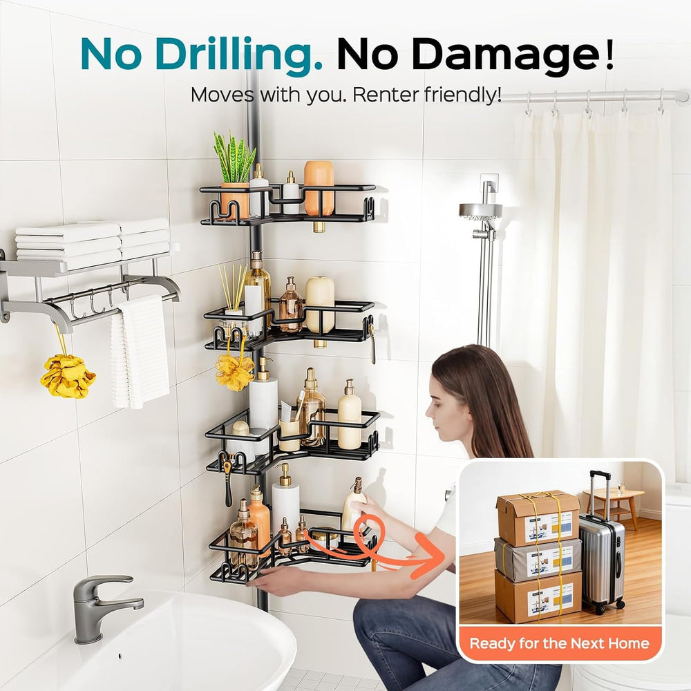 HAMITOR Corner Shower Caddy Tension Pole: 4-Tier Adjustable Shelf Black