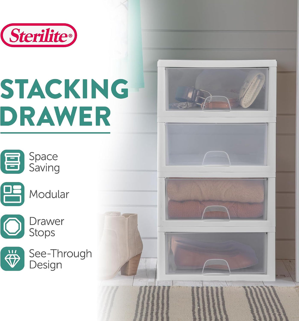 Sterilite Stacking Drawer Storage Organizer for Clothes, 16 Quart, 6-Pack