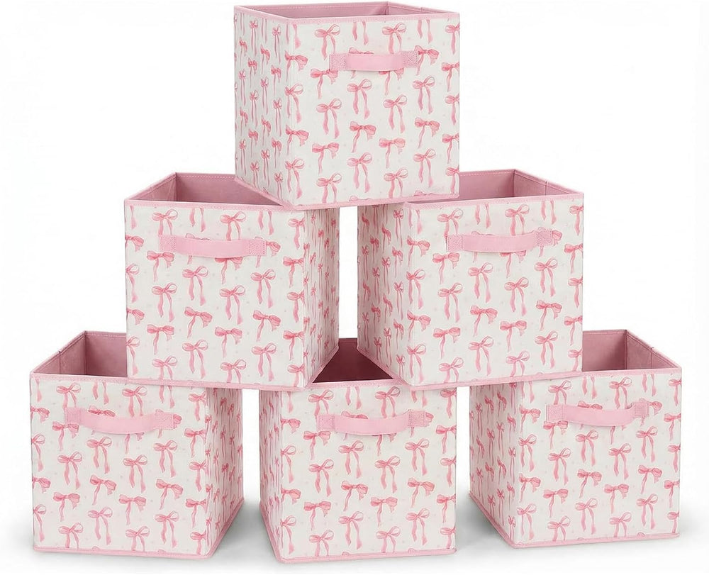 6 Pcs Pink Bow Cube Storage Bins 12.5 Inch Pink Storage Basket with Handle, P...