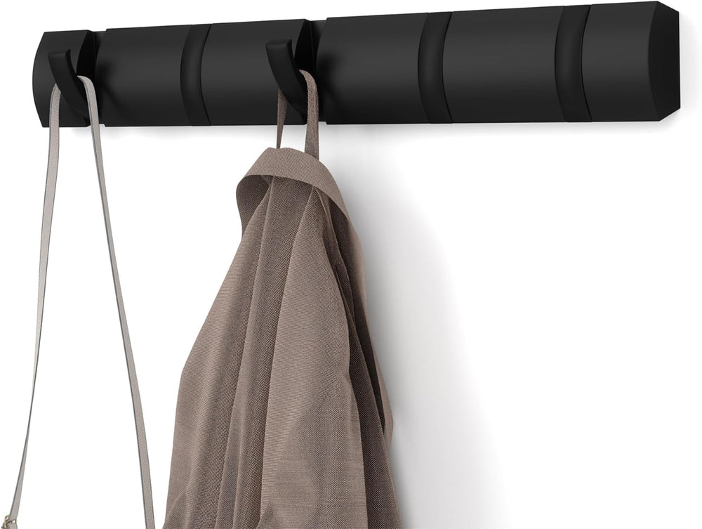Umbra Flip Coat Rack, Wall Mounted 5-Hook Space Saving, Black/Black