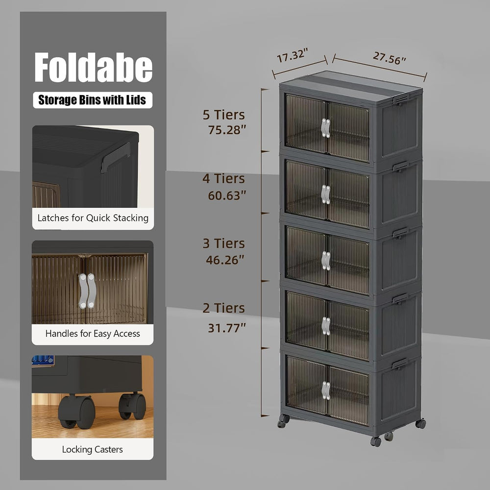 Collapsible Storage Bins with Lids and Front Doors, Heavy-Duty Stackable Plas...