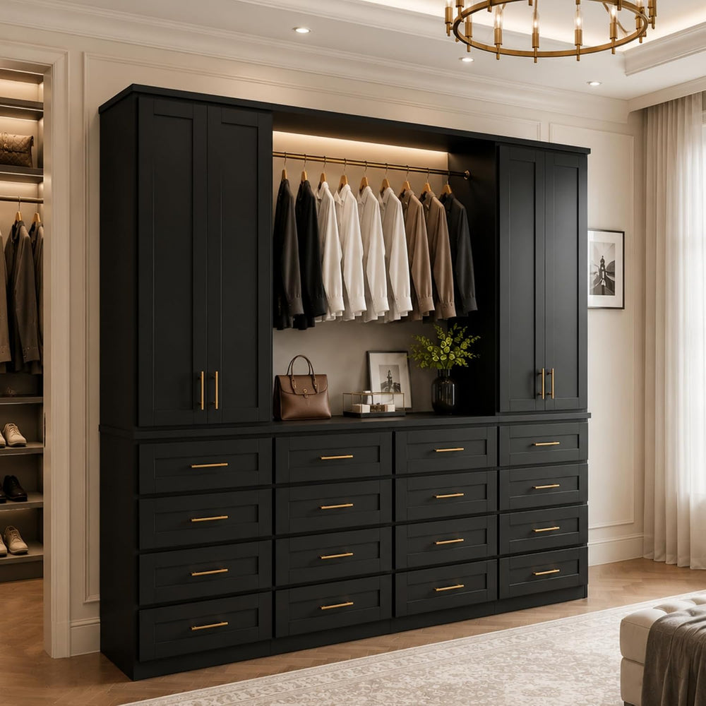 FUFU&GAGA 94.5” Wardrobe Armoire Closet with 16 Drawers & 4 Doors, Black