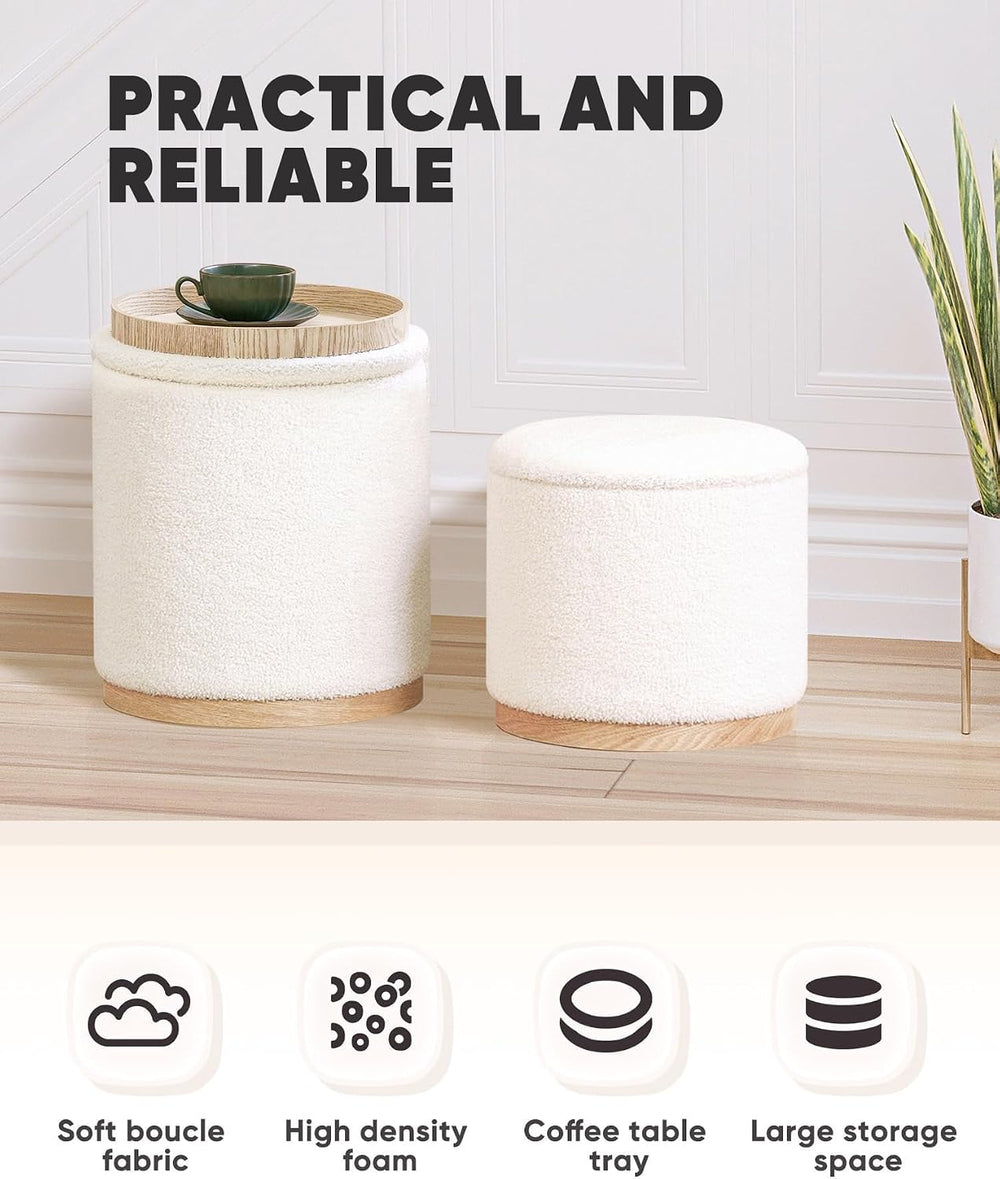B FSOBEIIALEO 15" Boucle Storage Ottoman with Tray, Cream White, Set of 2