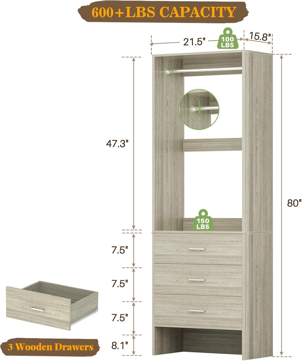 Aheaplus 1.8FT Closet System with Drawers, 21.5’’ Closet Organizer