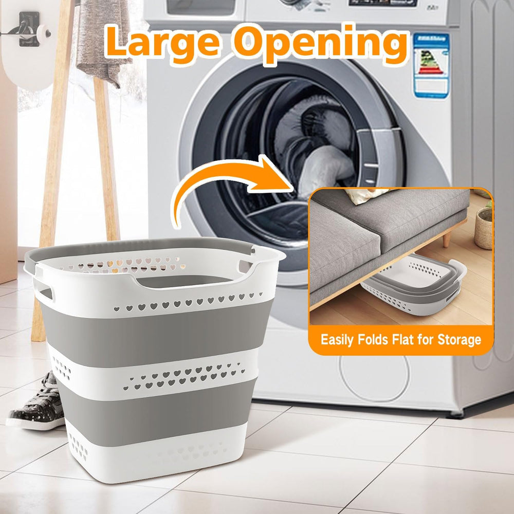 2 Pcs 42L Medium Collapsible Plastic Laundry Basket with Handles, Foldable La...