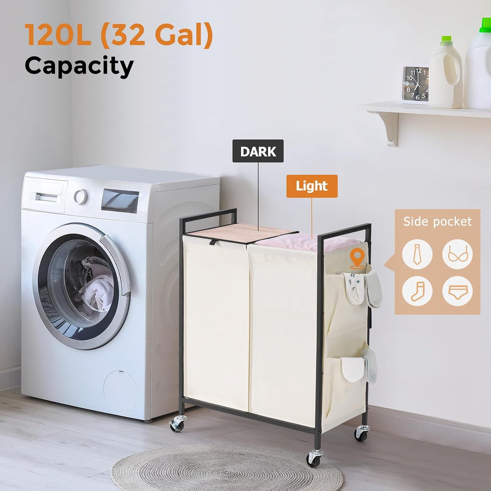 120L Laundry Hamper with Wheels, Lid and 2 Removable Liner Bags