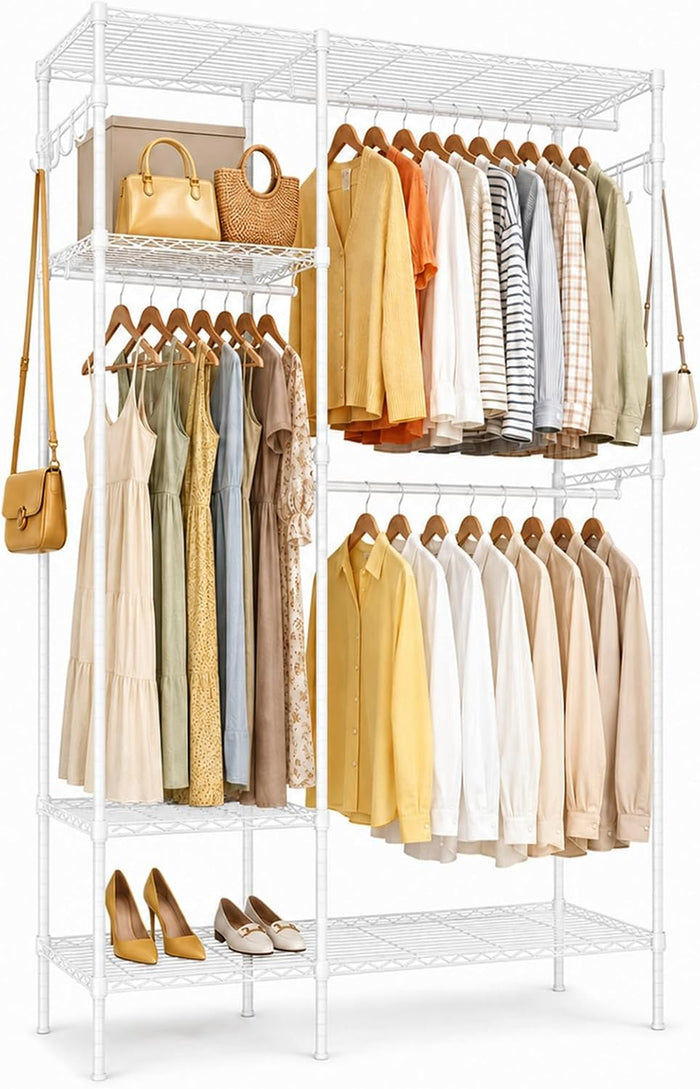 Clothes Rack with Adjustable Wire Shelves & Hanging Rods, White