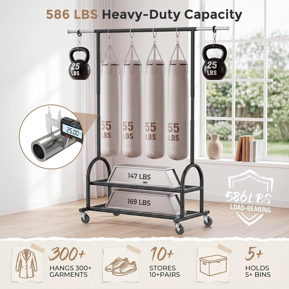 Heavy Duty Metal Clothes Rack Load 586 LBS, Height‑Adjustable Rolling Garment...