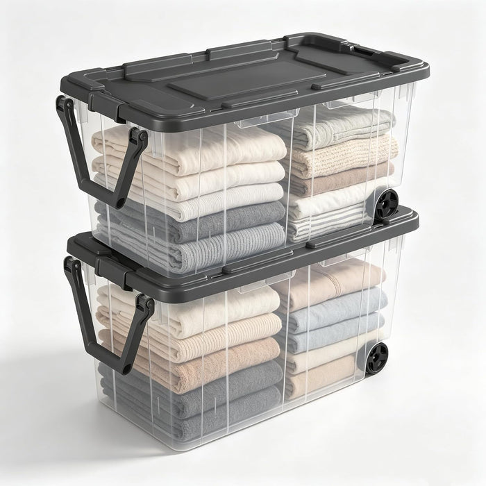 2-Pack, Extra-Large 160 Quart Wheeled Rugged Storage Bin, Durable Clear Storage Container with Latching Lid and Pull Handle (Gray)