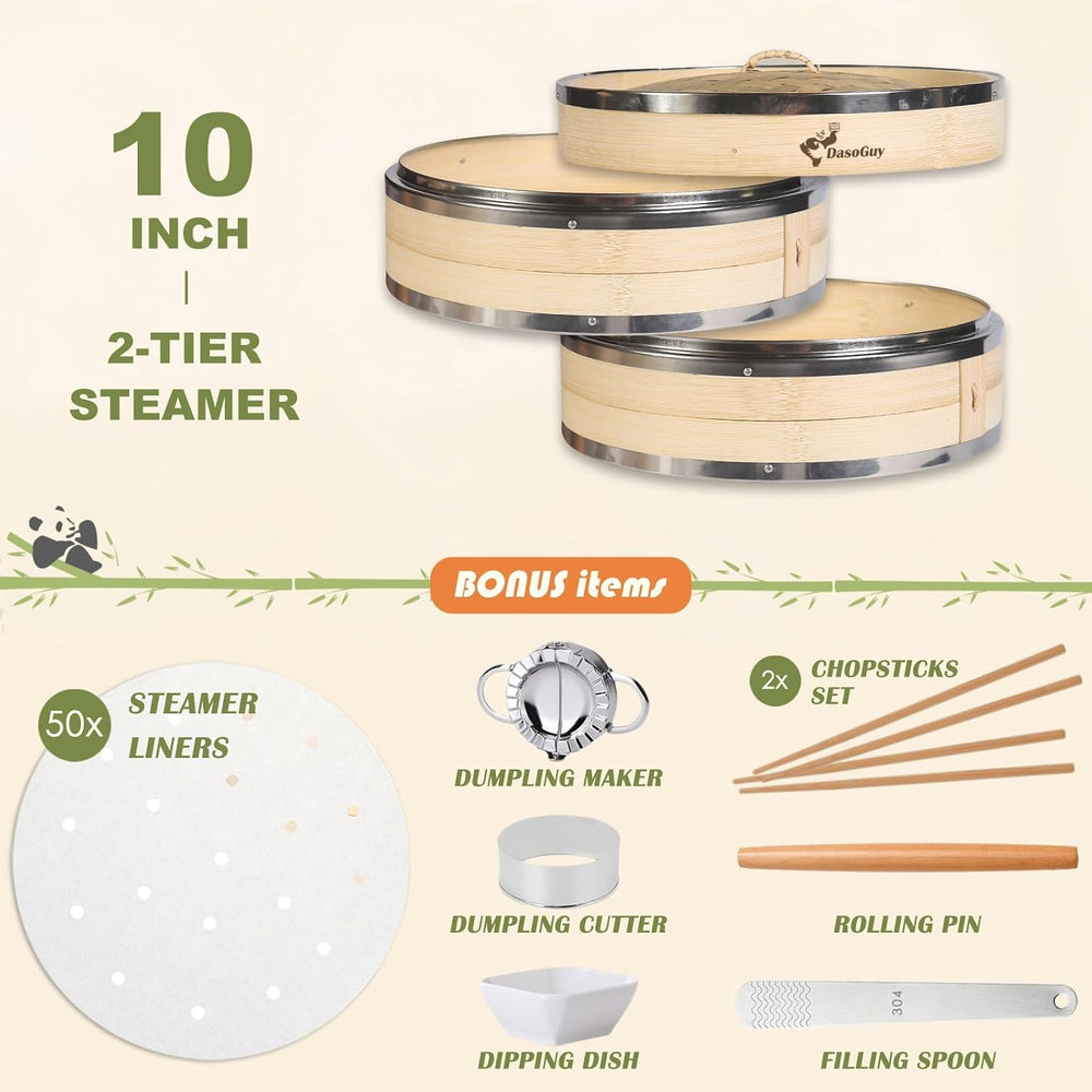 Bamboo Steamer Basket with Stainless Steel Rim 10 Inch Dumpling Steamer Kit