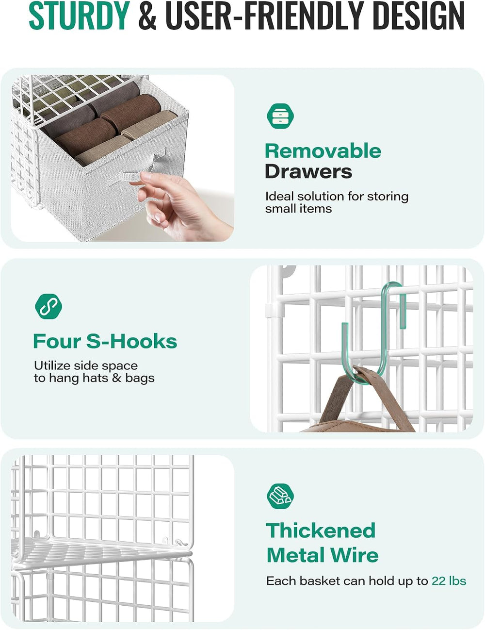 Hanging Closet Organizer with Drawers, 4 Tier Metal Closet Organizers and Sto...
