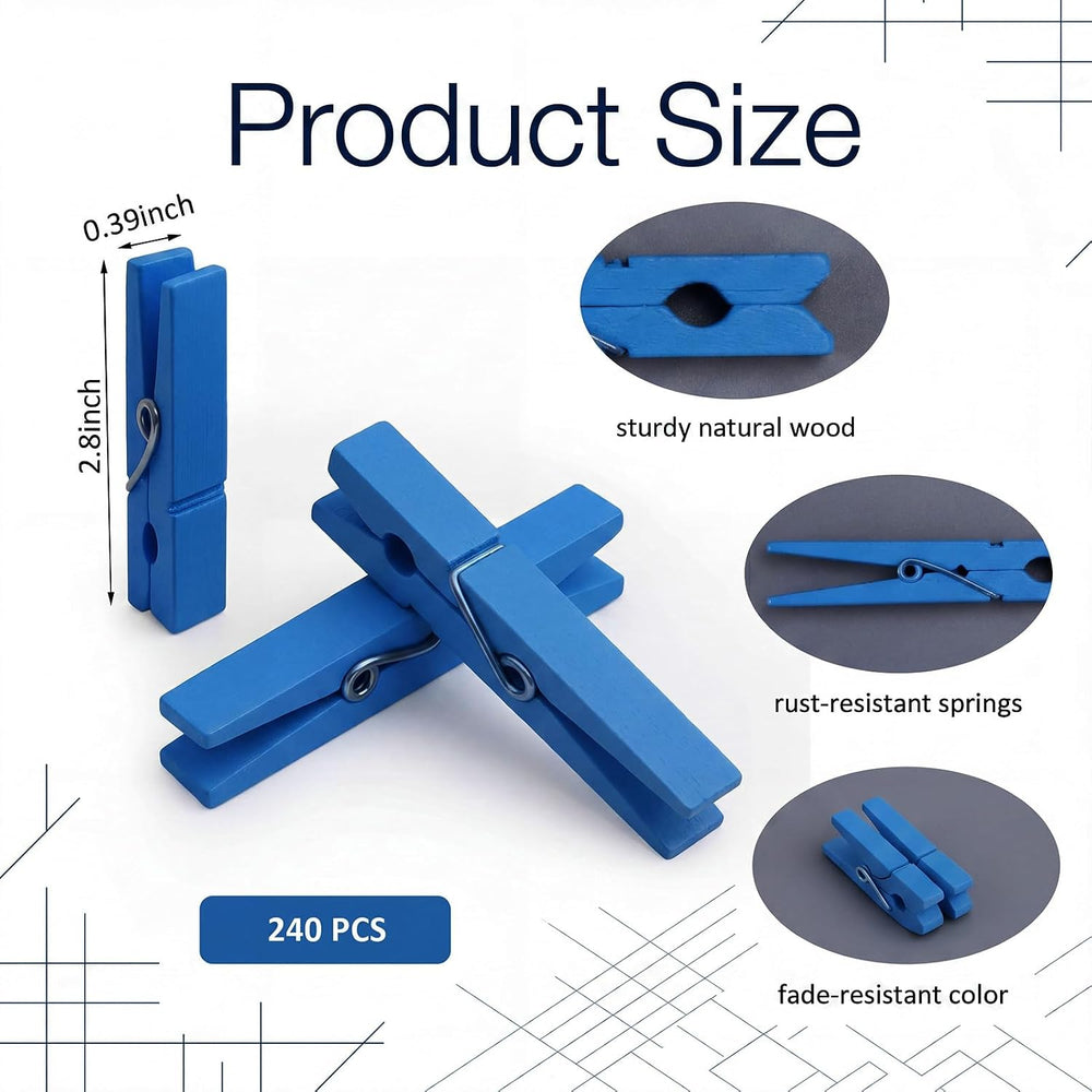 240 Pcs Blue Wooden Clothes Pins 2.9 Inch Wood Cheer Clips