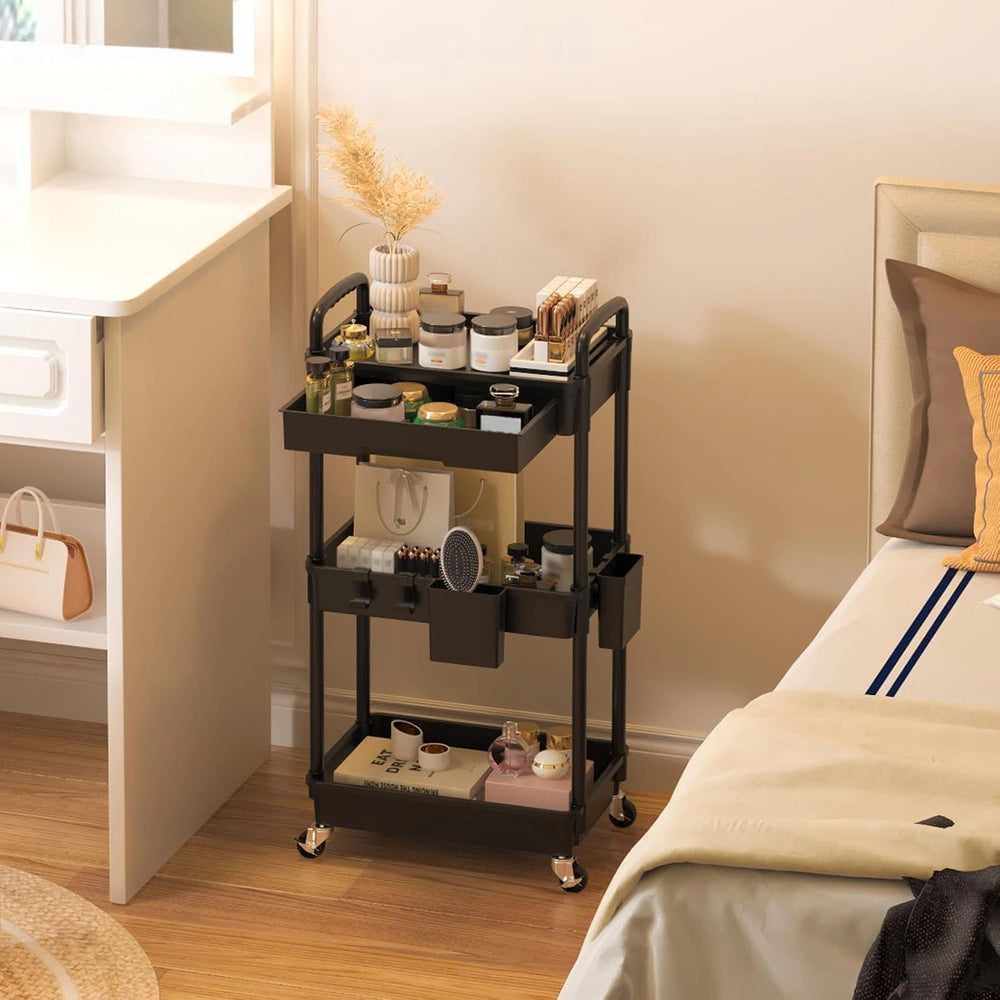 3 Tier Rolling Utility Cart with Drawer, Plastic Storage Organizer Rolling Ca...